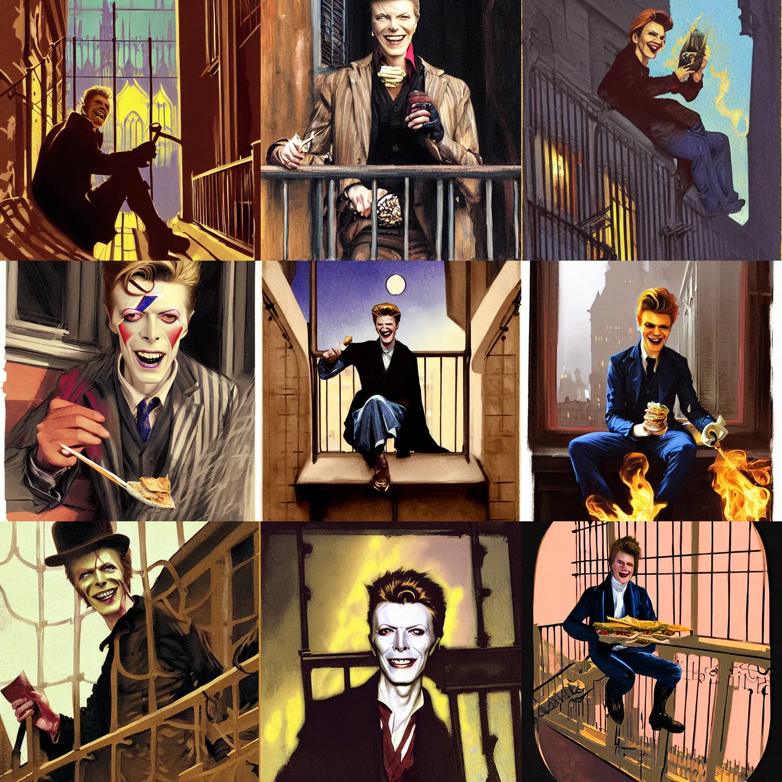 Prompt: character portrait of a smiley david bowie sitting down on a fire escape eating a shawarma in gothic london, gothic, john singer sargent, muted colors, moody colors, illustration, digital illustration, amazing values, art by j. c. leyendecker, joseph christian leyendecker, william - adolphe bouguerea, graphic style, dramatic lighting, gothic lighting