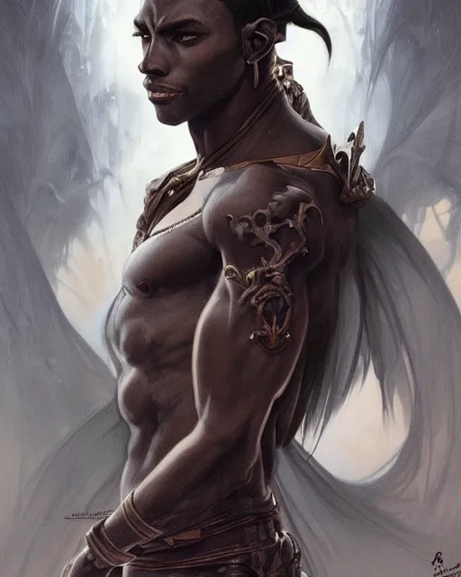 Image similar to portrait of a handsome male dark elf, dark skin, fantasy, intricate, elegant, highly detailed, digital painting, artstation, concept art, sharp focus, illustration, art by artgerm and greg rutkowski and alphonse mucha