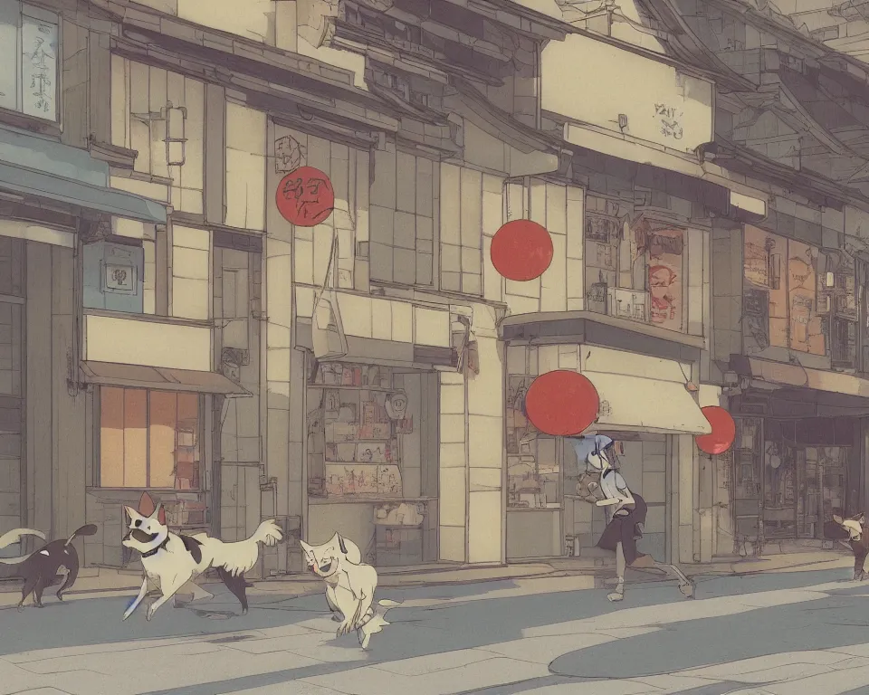 Image similar to beautiful illustration of a dog chasing a cat in front of a small shop front in kyoto on a fine summers day, anime manga style, with snow, aesthetic, cory loftis, james gilleard, atey ghailan, makoto shinkai, goro fujita, studio ghibli, makoto shinkai