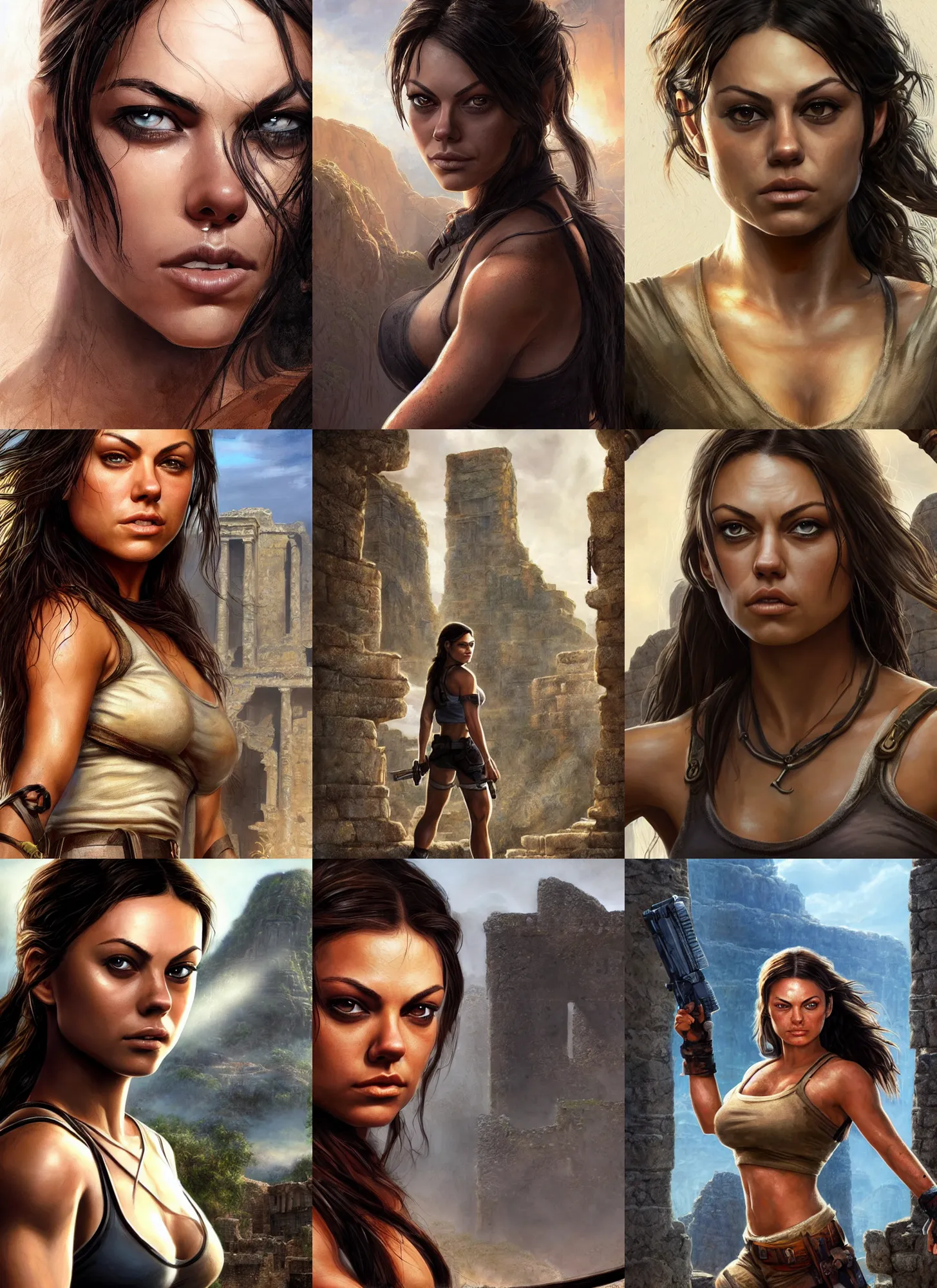 Prompt: face portrait of concentrated young Mila Kunis as muscled Lara Croft stepping out epic ancient ruins directly looking into the camera, sun beams, intricate, elegant, highly detailed, centered, crispy sharp digital painting, artstation, concept art, smooth, sharp focus, illustration, Allan Lee, John Howe