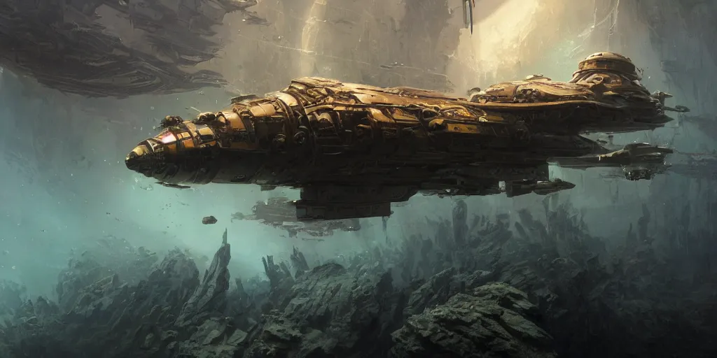 Image similar to a dieselpunk spaceship lies at the bottom of the sea in a coral reef, underwater, matte painting, submecanophobia, fantasy, intricate, elegant, digital painting, trending on artstation, concept art, sharp focus, illustration by greg rutkowski, darek zabrocki and john berkey, 4 k.