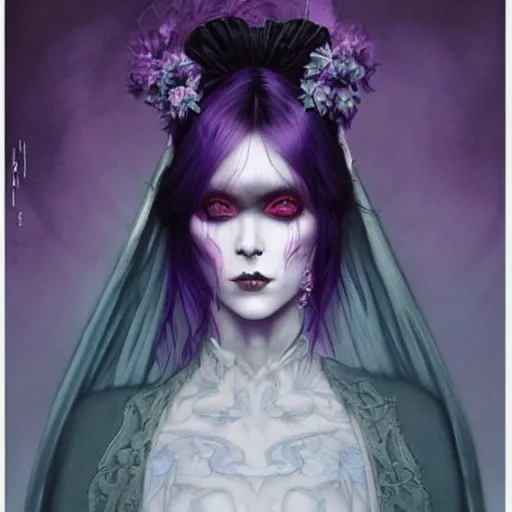 Image similar to a beautiful!! portrait of a blood witch, gothic kimono in purple and black!!!, blue eyes! by loish! and tom bagshaw