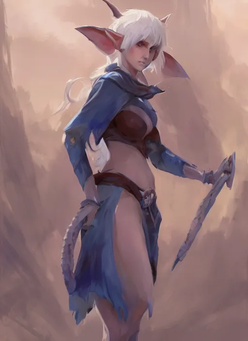 Image similar to concept art painting of a woman with brown skin and short white hair, demon horns, elf ears, full clothing, blue clothes, robes, detailed, cel shaded, in the style of ruan jia and artgerm and makoto shinkai and james gurney