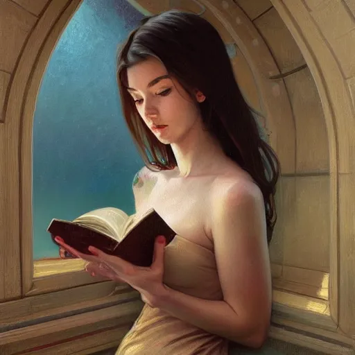 Prompt: hyperrealistic oil painting of a girl reading a book, realistic shaded perfect face, extremely fine details, realistic shaded lighting, stormy background, artgerm, 8 k ultra realistic, highly detailed, art by christopher balaskas, alphonse mucha, craig mullins, alena aenami, ultra detailed