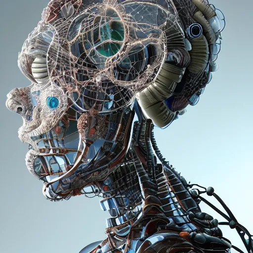 Prompt: the profile portrait of an extremely beautiful, gorgeous, elegant and sophisticated glass femel mechanoid made of transparent glass, ultrafine detailed illustration by james jean, giuseppe arcimboldo, intricate, final fantasy, unreal engine 5 highly rendered, global illumination, colored light, fine fiberglass, luminous, radiant light, 8 k, artstation.