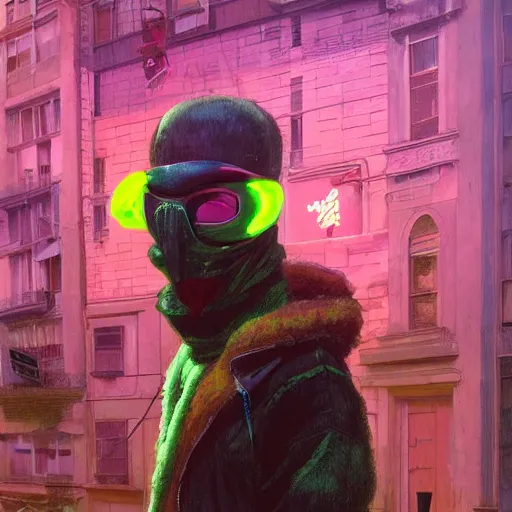Prompt: neon portrait of masked diesel punk on the art deco streets of the big city, 4 k, very coherent, award - winning realistic sci - fi concept art by beksinski, picasso masterpiece, complimentary colors, james gilleard, bruegel, greg rutkowski, alphonse mucha, and yoshitaka amano