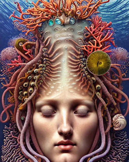 Image similar to hyperrealistic detailed underwater face portrait of the beautiful goddess of the jellyfish with an intricate headgear of corals, sea kelp, sea plants, fish, starfish, jellyfish, art by ernst haeckel, john william godward, android jones, alphonso mucha, gothic - cyberpunk, ornamental, beautiful deep colours,