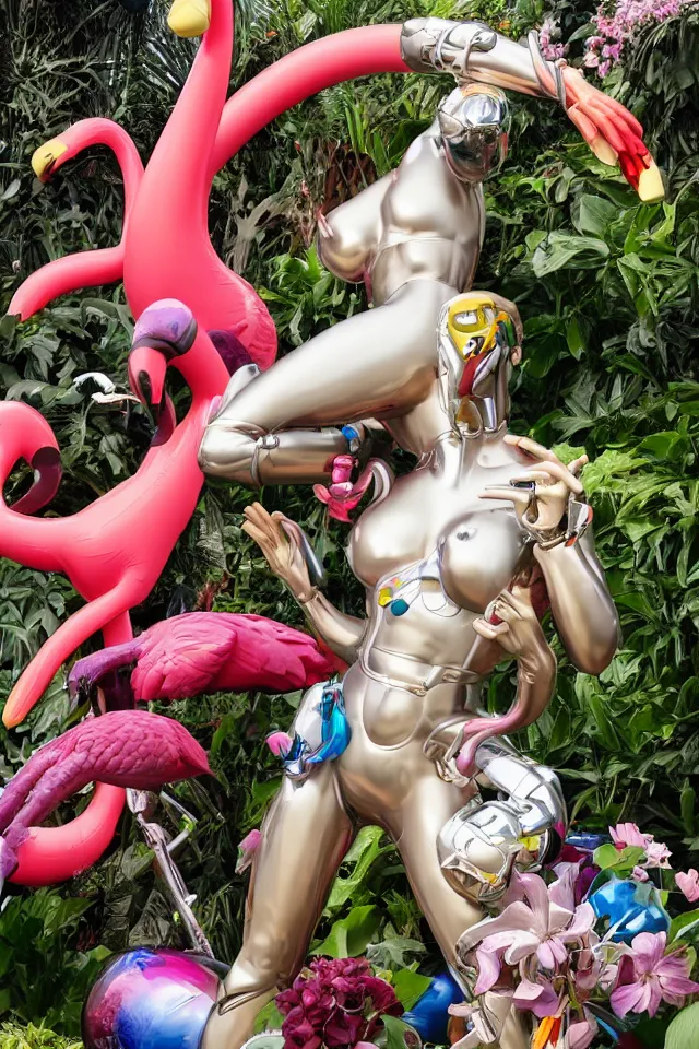 Prompt: close - up of a cyborg chrome nymph statue wrestling with a giant inflatable flamingo pool float, surrounded by medinilla magnifica flowers and smoke, by jeff koons, hajime soryama, boris vallejo, artgerm, greg rutkowski, alphonse mucha