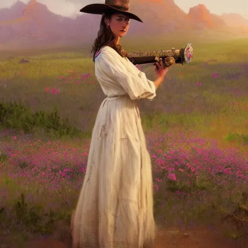 Image similar to a matte painting of the wild west, woman standing, patchy flowers, oil painting, pale colors, high detail, 8 k, wide angle, trending on artstation,