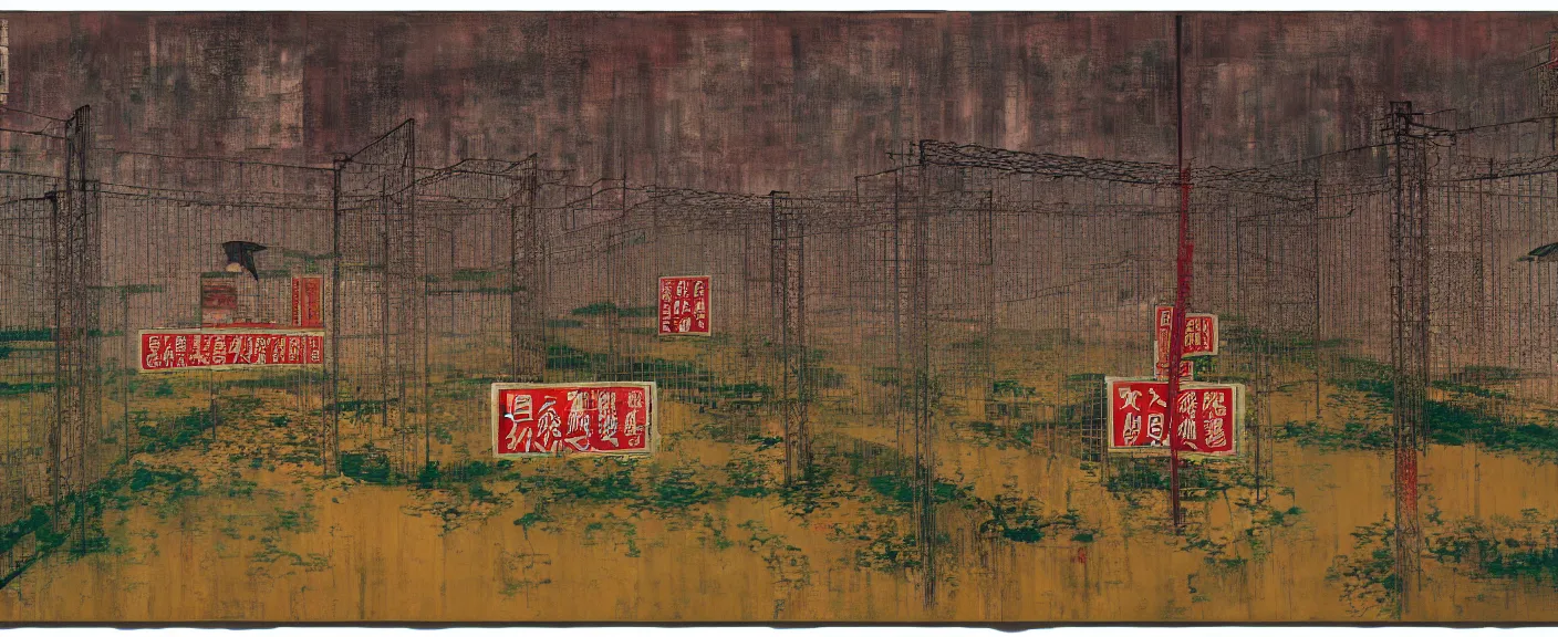 Image similar to a chinese prison near a river by peter doig, muted colors, overlaid with chinese adverts