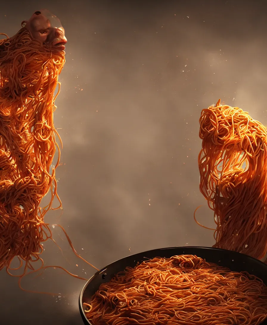 Image similar to spaghetti monster coming out of the pan, cinematic lighting, 8k, artstation