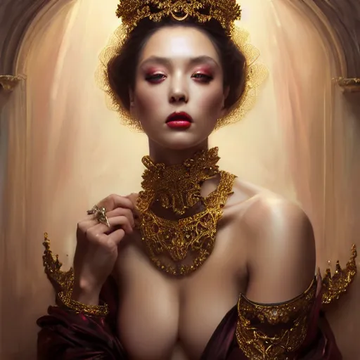 Prompt: expressive oil painting, of alluring european princess, intense seductive look, smooth glowing skin, glistening body, love, adoration, blushing, ornate headpiece of black beads, glamour shot, by yoshitaka amano, by greg rutkowski, by jeremyg lipkinng, by artgerm, digital art, octane render, ornate white robe