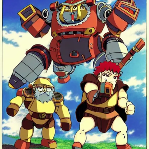 Image similar to dwarves fighting robots, anime by Hayao Miyazaki