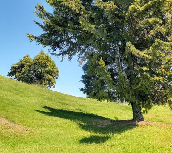 Image similar to kids running towards the tree on that hill, sunny day, wide angle