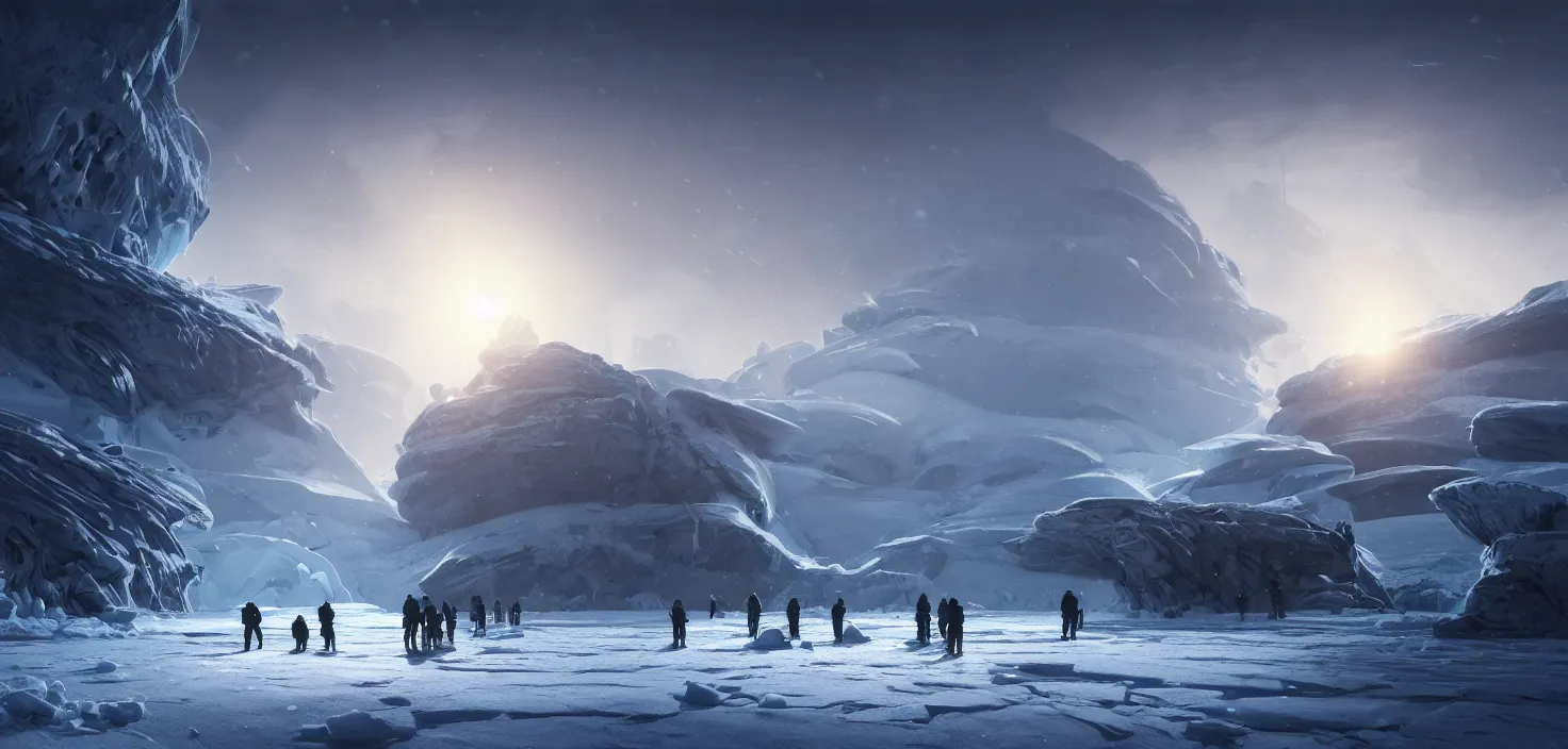 Prompt: scientific base station in the ice. research center in the snow, landscape, cinematic view, epic sky, detailed, concept art, low angle, high detail, warm lighting, volumetric, godrays, vivid, beautiful, trending on artstation, by jordan grimmer, huge scene, grass, art greg rutkowski