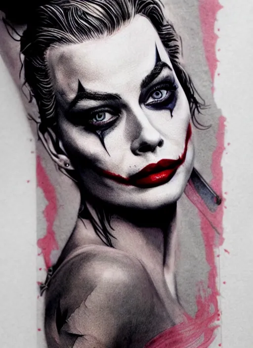 Image similar to tattoo design of beautiful margot robbie with slight joker makeup, holding an ace card, slight smile, in the style of den yakovlev, realistic face, black and white, realism tattoo, hyper realistic, highly detailed