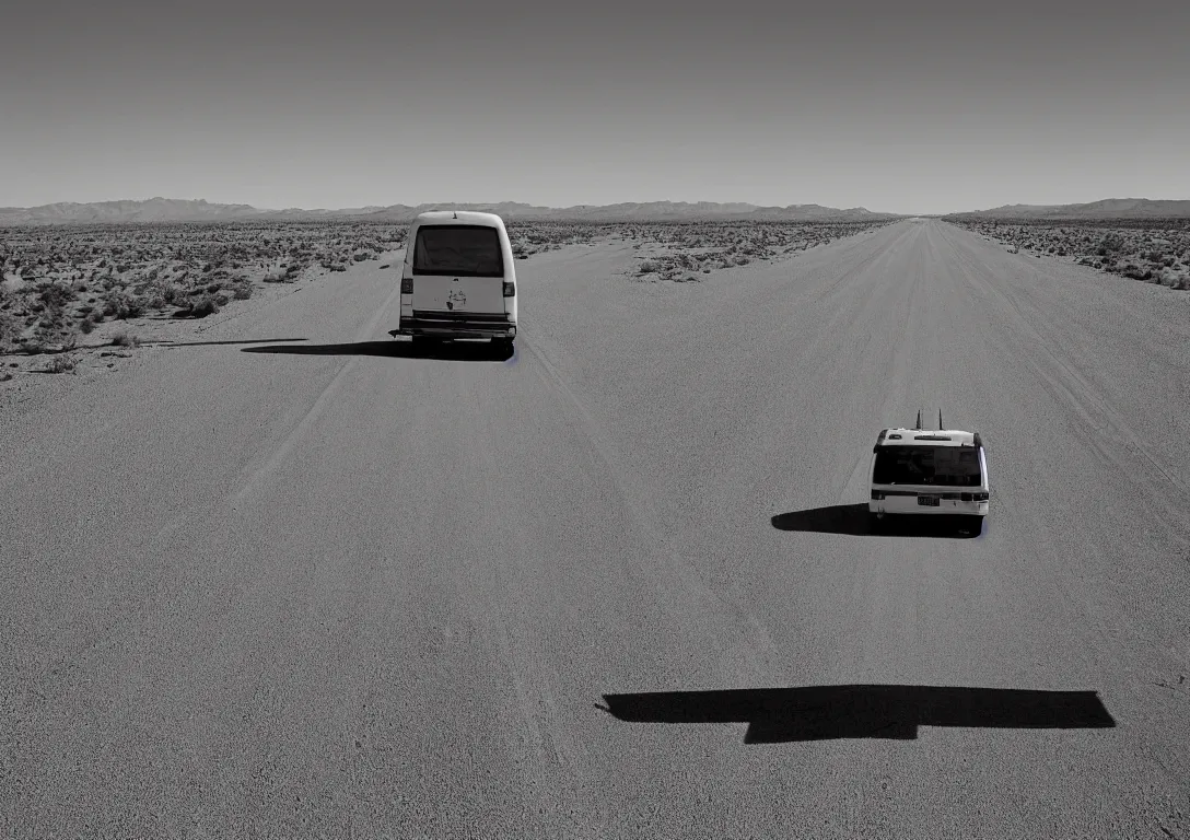 Prompt: a black and white picture of a van driving into the distance on a desert highway, by Joe Jusko