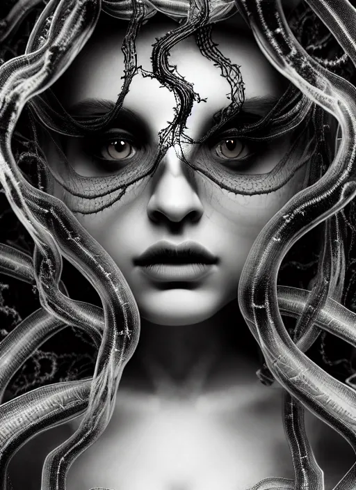 Image similar to surreal mythical dreamy dark artistic black and white fine art photo of a beautiful young female medusa - cyborg covered with translucent algae, highly detailed, intricate crystal ivy jelly fish scales ornate, lace web, poetic, octane render, 8 k, photo - realistic, by man ray