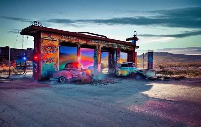 Image similar to a sunset light landscape with historical route 6 6, lots of sparkling details and sun ray ’ s, blinding backlight, smoke, volumetric lighting, colorful, octane, 3 5 mm, abandoned gas station, old rusty pickup - truck, beautiful epic colored reflections, very colorful heavenly, softlight