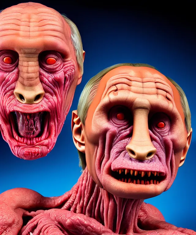 Image similar to hyperrealistic rendering, cronenberg flesh monster vladimir putin by art of skinner and richard corben and jeff easley, product photography, action figure, sofubi, studio lighting, colored gels