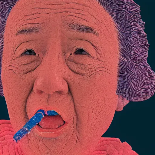 Image similar to closeup of my grandma eating crayons, melting down all over her body, in the style of kawase hasui james jean, muted neon colors, artstation trending, 8 k, 3 d render, photorealistic, volumetric lighting caustics, black and white, detailed af