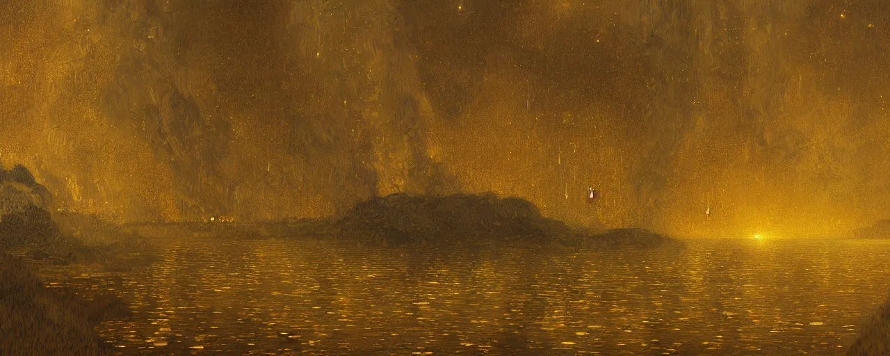 Image similar to a dark and golden landscape, with golden rivers and mystical birds that fly along, very detailed concept art, matte painting, digital art, concept art, beautiful, trending on Artstation, by Gustav Klimt