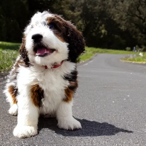 Prompt: young bernedoodle in france