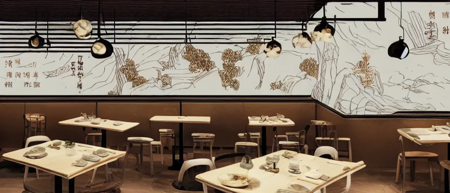 Image similar to a beautiful interior view illustration of a small roasted string hotpot restaurant in yan'an city, restaurant wall paper is a tower on a mountain, rectangle white porcelain table, black chair, animation illustrative style, from china, simple style structure decoration design, victo ngai, james jean, 4 k hd