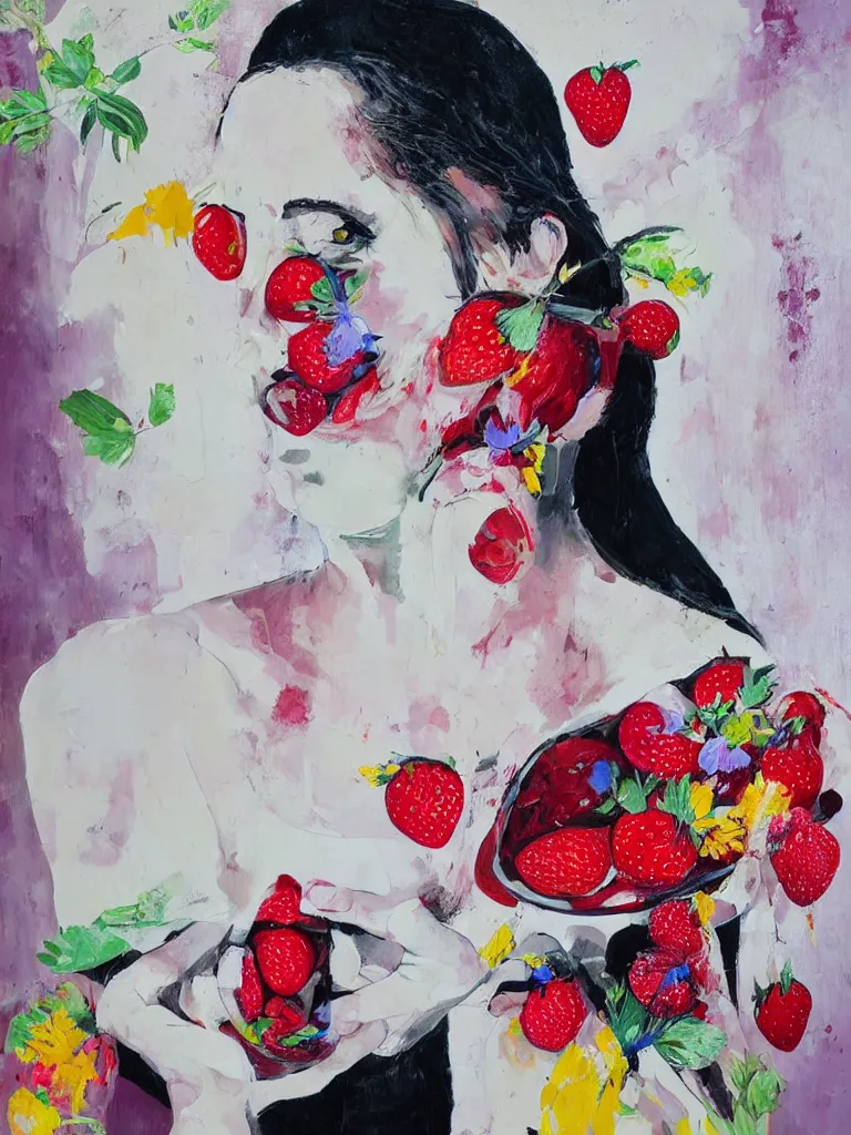 Prompt: “art in an Australian artist’s apartment, organic, portrait of a woman wearing white silk, neoexpressionist, eating luscious fresh raspberries and strawberries and blueberries, edible flowers, black background, acrylic and spray paint and wax and oilstick on canvas”