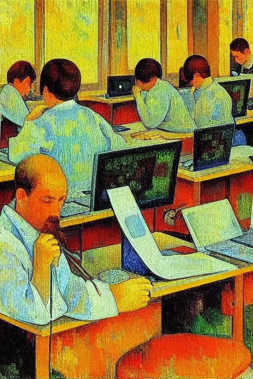 Image similar to oil painting highly detailed computer workers in office painted by paul gaugin, impressionism