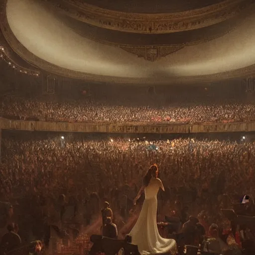 Prompt: Painting by Greg Rutkowski, hundreds of spectators look at an illuminated girl in a white long dress on a theater opera stage with an orchestra, view from the hall