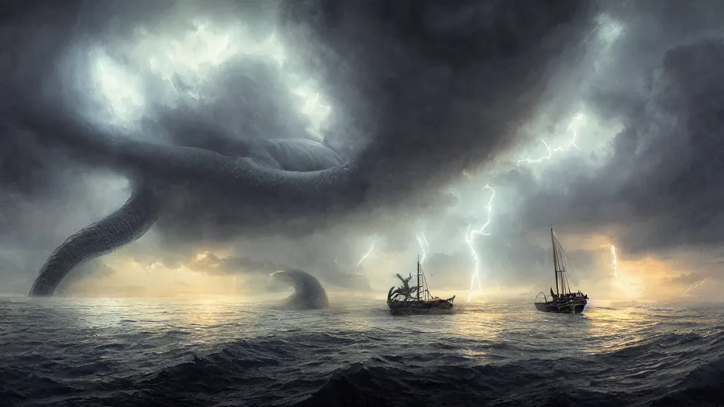 Image similar to small boat in foreground, giant big kraken in the background, lightning in background, intricate, detailed, volumetric lighting, sharp focus, scenery, photorealism, digital painting, highly detailed, concept art, ruan jia, steve mccurry