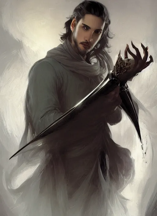 Image similar to character concept portrait of an attractive young seductive Spanish wizard with pale grey skin enchanting a seduction spell, a floating iridescent spell book in the center, intricate, elegant, digital painting, concept art, smooth, sharp focus, illustration, from Metal Gear, by Ruan Jia and Mandy Jurgens and William-Adolphe Bouguereau, Artgerm