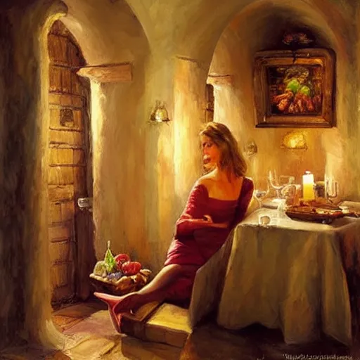 Image similar to wine cellar full of food, torches on the wall, schnapps, romantic, inviting, cozy, blonde woman, painting Vladimir Volegov