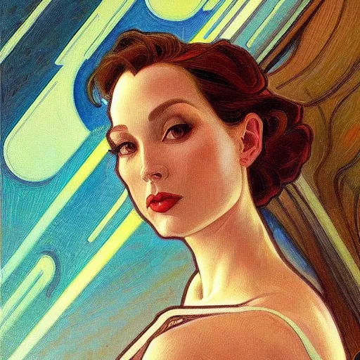 Image similar to a streamline moderne painting in the style of donato giancola, and in the style of ross tran, and in the style of alphonse mucha. symmetry, smooth, sharp focus, semi - realism, intricate detail.