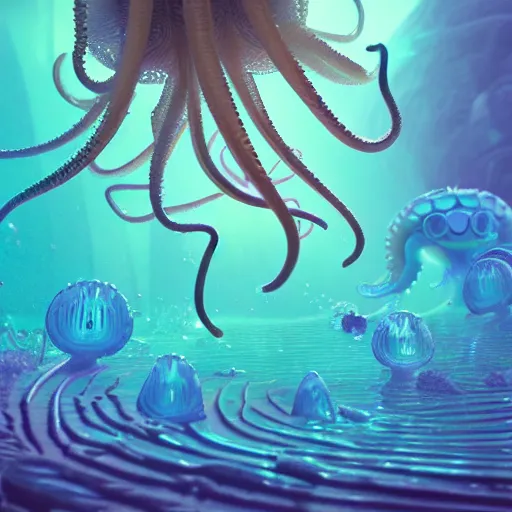 Prompt: underwater crystals, octopus character or jellyfish, illustrations, 3 d render, illustrated, incredible details, highly detailed, photorealistic, disney pixar, octane render, iridescent, anime, 8 k