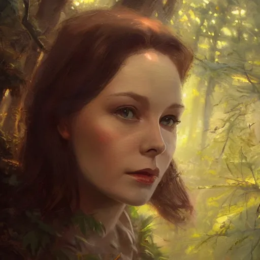 Prompt: closeup portrait of a young vivian leigh, forest background, megacity, gorgeous view, depth, high detail, digital art, painted by greg rutkowski, trending on artstation