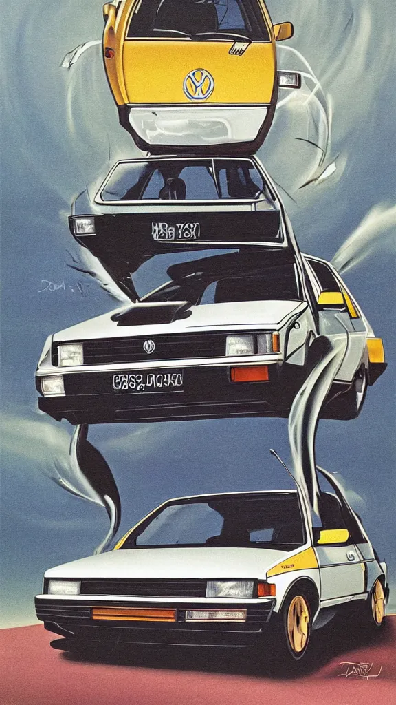 Image similar to 1 9 8 0 s airbrush surrealism illustration of a vw golf by don wieland