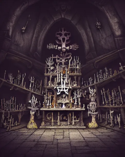 Prompt: full color, low ultrawide interior shot of sedlec ossuary, bones, anime style mixed with fujifilm, dark, foggy, atmospheric, artstation, cgsociety, octane render, cgi, denoise, detailed, cinematic masterpiece