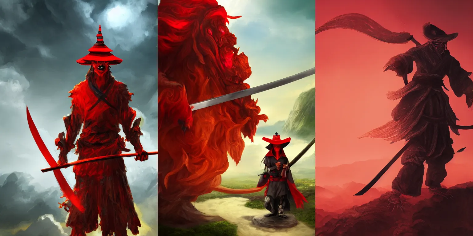 Prompt: Half-length portrait of a demonic humanoid wearing an asian rice hat and a katana. Volumetric lighting, bloom, shadows. Red flux. Asian landscape, clouds. Fantasy, digital painting, HD, 4k, detailed.