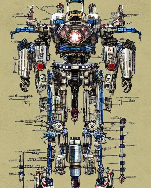 Prompt: beautiful schematic of an alien combat robot made of nuclear engine parts by mamoru oshii, mix of styles, schematic, solarpunk, illustration, intricate, highly detailed, sharp lines, sharp focus, studio ghibli color scheme