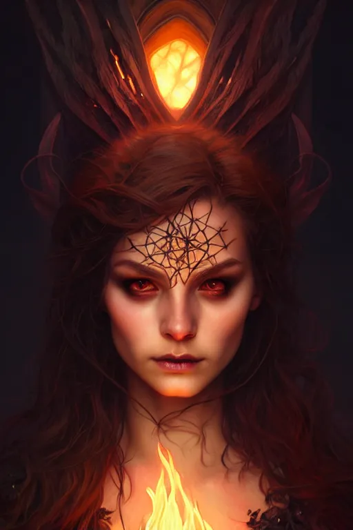 Image similar to a burning witch closeup filled background around face, fantasy magic, undercut hairstyle, dark light night, intricate, elegant, sharp focus, illustration, highly detailed, digital painting, concept art, matte, art by wlop and artgerm and greg rutkowski and alphonse mucha, masterpiece