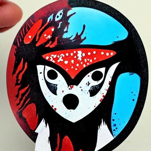 Image similar to die cut sticker, princess mononoke mask, splatter paint