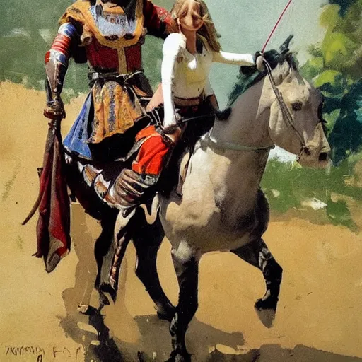 Image similar to portrait of woman wearing on horseback medieval clothing aiming a bow and arrow, detailed by greg manchess, craig mullins, bernie fuchs, walter everett