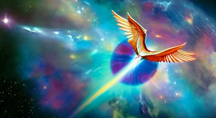 Prompt: A peace dove flying through a multicolored nebula in outerspace by Terry Redlin and Chesley Bonestell and Zdzislaw Beksinski, hyper realistic, radiant colors, trending on artstation, volumetric lighting, hyper detailed, insane details, intricate, ornate, CGsociety, hypermaximalist, octane render, micro details, 3d sculpture, ray tracing, 8k