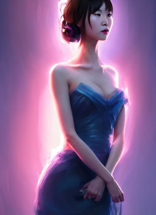 Image similar to beautiful fashion chinese girl in movie scene, strapless dress, character portrait in the style of thomas river and artgerm, wlop, cinematic lighting, hyperdetailed, 8 k realistic, symmetrical, global illumination, radiant light, halo, love and mercy, frostbite 3 engine, cryengine, dof, trending on artstation, digital art, chanel