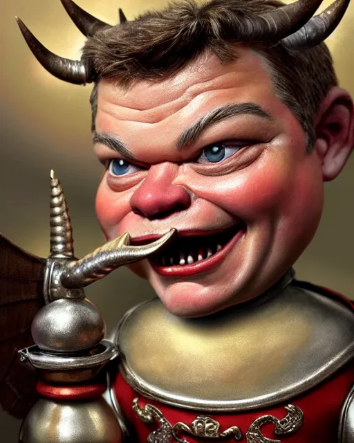 Image similar to highly detailed closeup, face profile portrait of a tin toy matt damon as a medieval demon with horns eating cakes in a castle, hyper realistic, artstation, illustration, nicoletta ceccoli, mark ryden, lostfish, dan decarlo, bob clampett, max fleischer, digital paint, matte paint, vivid colors, detailed and intricate environment