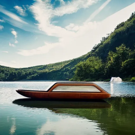 Image similar to modern boat floating on a lake, waterfalls in the background, water reflections, very detailed photography, 4K, wallpaper, beautiful natural scenery