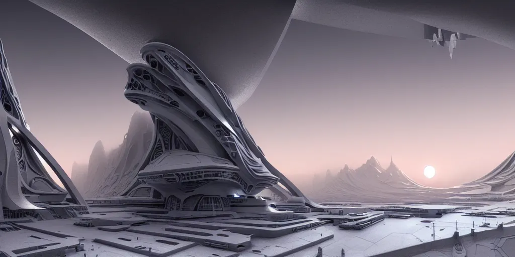 Image similar to futuristic space station in the snowy mountains 3 d concept art, cinematic lighting, intricate details, building by zaha hadid, pastel orange sunset, emissary space by arthur haas and bruce pennington and john schoenherr, cinematic matte painting, dark moody monochrome colors, trending on artstation, featured on behance