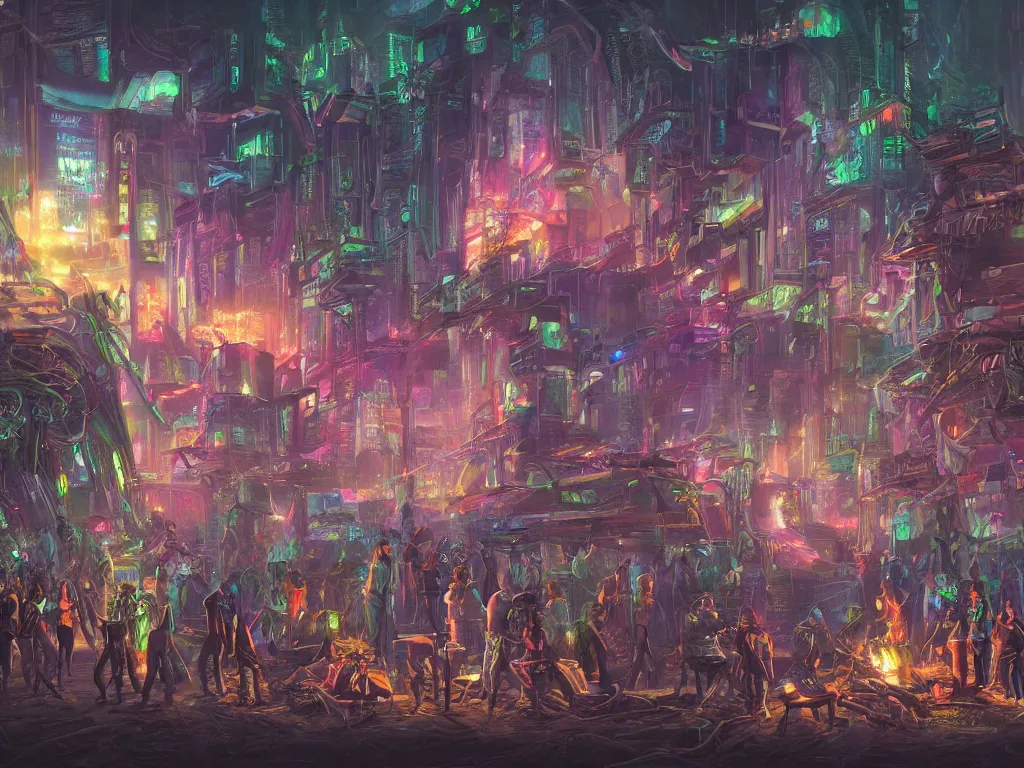 Image similar to a professional painting of a mystical cyberpunk tribe gathering at a magical location in the forest lit by fire and intense laser lights extreme wide angle view from below
